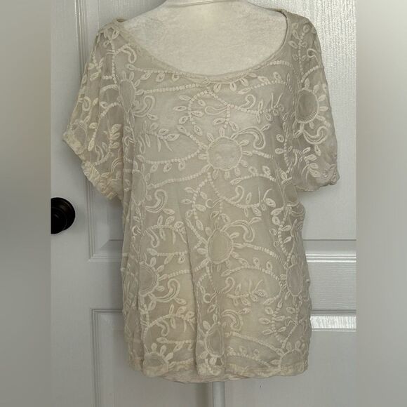 Bobeau Women’s Off White Floral Lace Overlay Boho Blouse Top Size Large - Picture 1 of 10